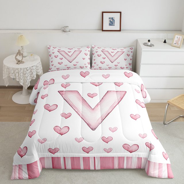 Erosebridal Initial V Letter Bedding Toddler Comforter Set, Pink Heart Bow-tie Down Comforter, Geometry Decor, Reversible 2pcs