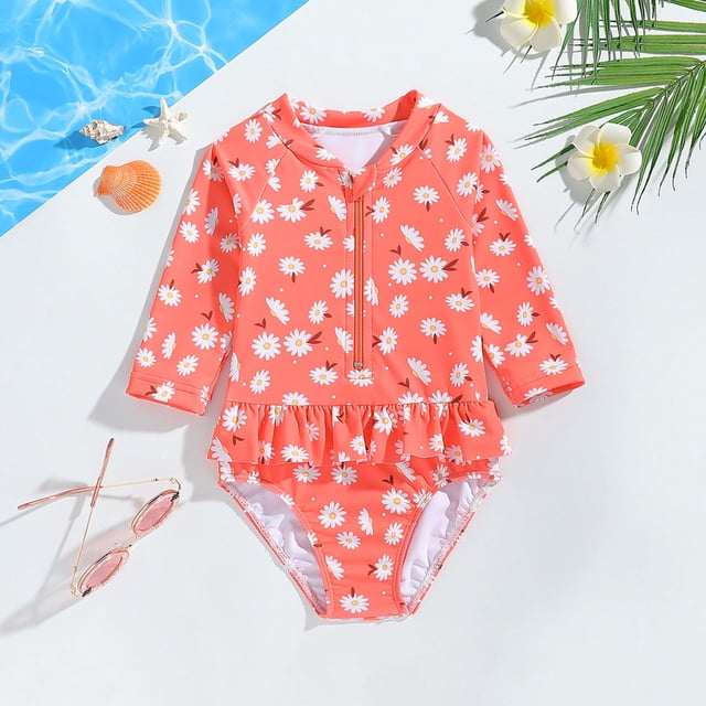Toddler Girl Rash Guard Bathing Suits Fashion Long Sleeve Sun Protection Summer Bathing Suits 18-24 Months Girls Clothing