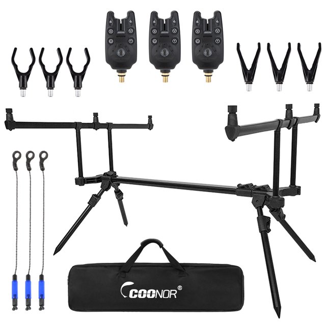 COONORset Canne à Carpe avec 3 Alarmes de Morsure, Support de Canne à Pêche Ajustable et 3 Lance-Appâts. Cet Ensemble d'Articles de Pêche Comprend un Support de Canne/cocotte en Alliage d'Aluminium durable, un Sac de Transport Noir et des Accessoires comme des Têtes de Repos de Canne en Forme de U et en Forme de V. Idéal pour la Pêche dans les Réservoirs, Rivières, Étangs et Lacs.