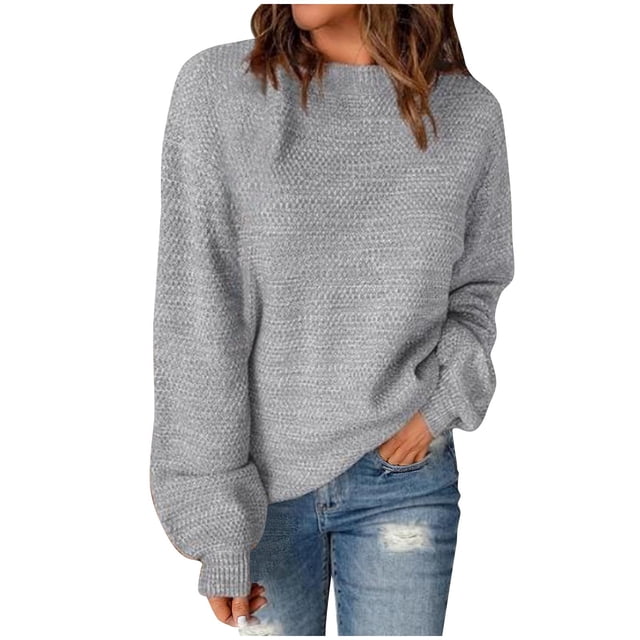 Pisexur Chandail à Col Rond Surdimensionné pour Femme, Uni, Manches Chauve-Souris Bouffantes à Revers, Chandail Tricoté, Haut à Manches Longues, Chandail Ample d'Automne, Chandail, Jumper, Hauts