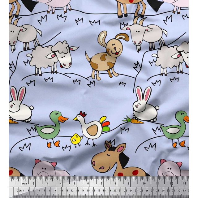 Soimoi Moss Georgette Fabric Bird & Animals Cartoon Printed Fabric 1 Yard 42 Inch Wide
