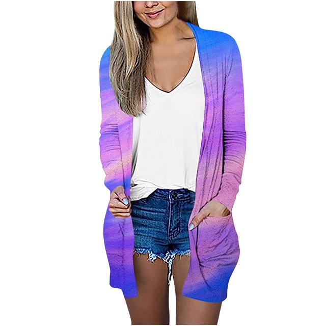XZNGL Open Front Cardigan for Women Long Gradient Printed Coat Fashion Long Sleeve Pocket Cardigan Long Cardigan Sweaters for Women Sweaters for Women Cardigan Open Front