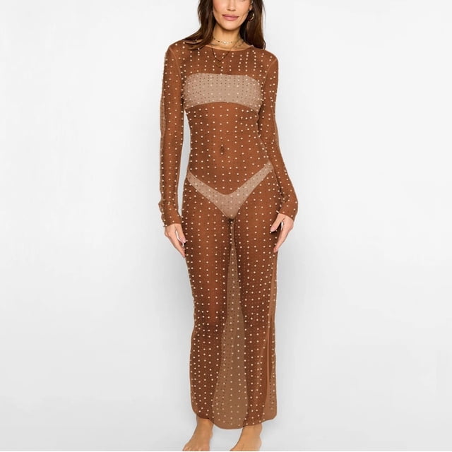 FcBaudy Robe Sans Manches à Col Rond Robe Femme à Perles Robes d'Été pour Femmes UK Robe Longue Maxi pour Femmes Robe de Plage Couvre-Maillot de Bikini Robe à Manches Longues Ajourée en Maille Transparente Robe Maxi Robe Femme