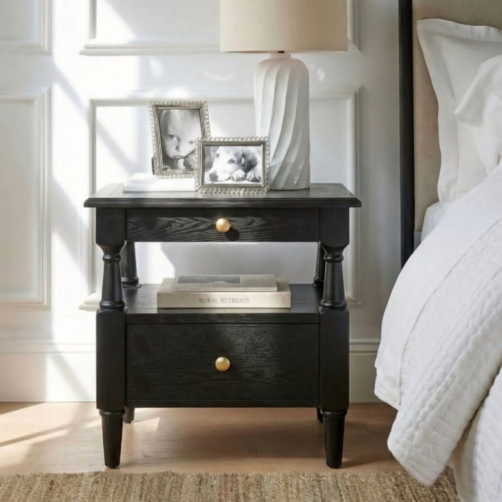 Black Nightstand With Drawers Wooden Bedroom Night Stands Bedside Table With Non-Slip Feet,Sofa Accent End Tables For Small Spaces Living Room Bedroom