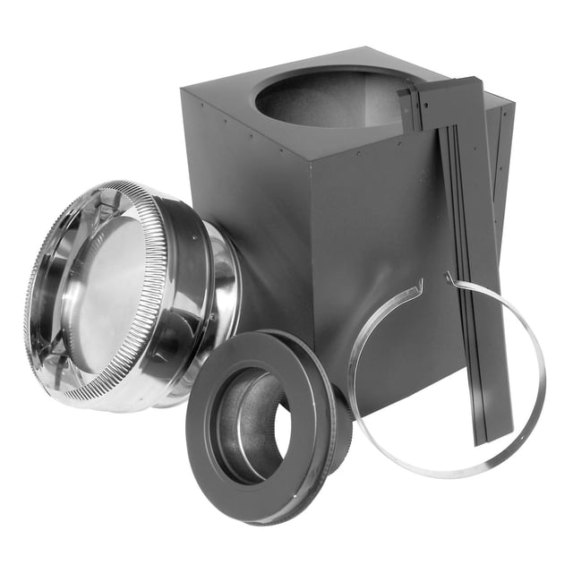 SuperVent JM7CCSK Cathedral Ceiling Support Kit with a black square metal support box featuring a large circular opening, polished stainless steel vent cap, black circular collar, metal securing band, and two black metal mounting straps for insulated residential chimney venting.