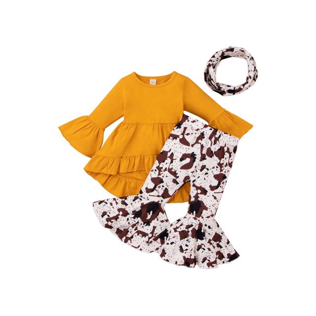 Xingqing Toddler Baby Girls Automne Clothes 3pcs Volant Robe à Manches Longues Tops + Pantalons Évasés + Écharpe Set Jaune 2-3 Ans