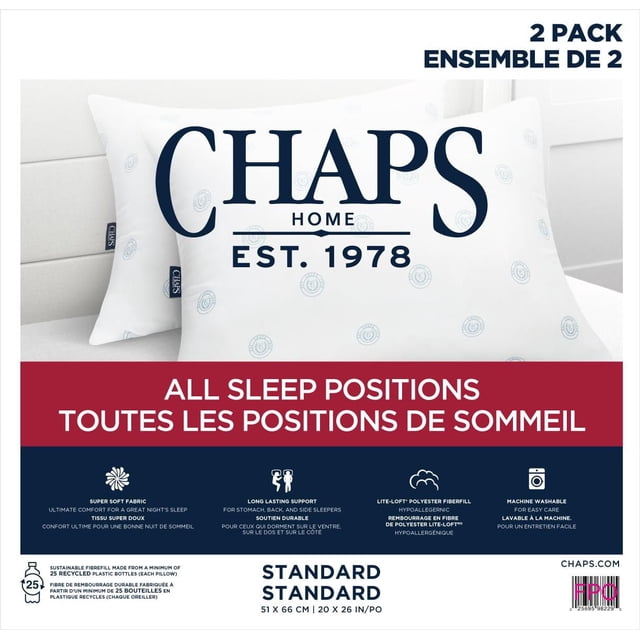 Chaps All Over Print Pillow 2 pack with two white polyester bed pillows featuring subtle circular logo patterns and navy tags, measuring 20x46 inches, designed for all sleep positions with long-lasting support, hypoallergenic polyester fiberfill, machine washable fabric, and sustainable filling from recycled plastic bottles.