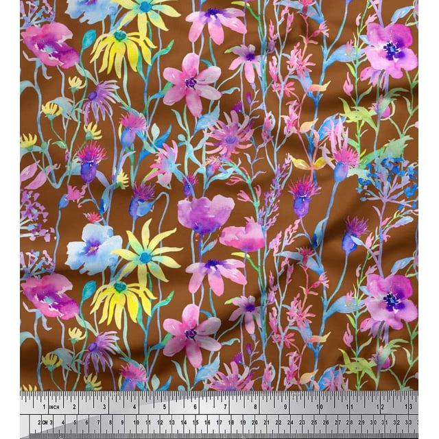 Soimoi Satin Silk Fabric Flower Watercolor Print Fabric by Yard 42 Inch Wide