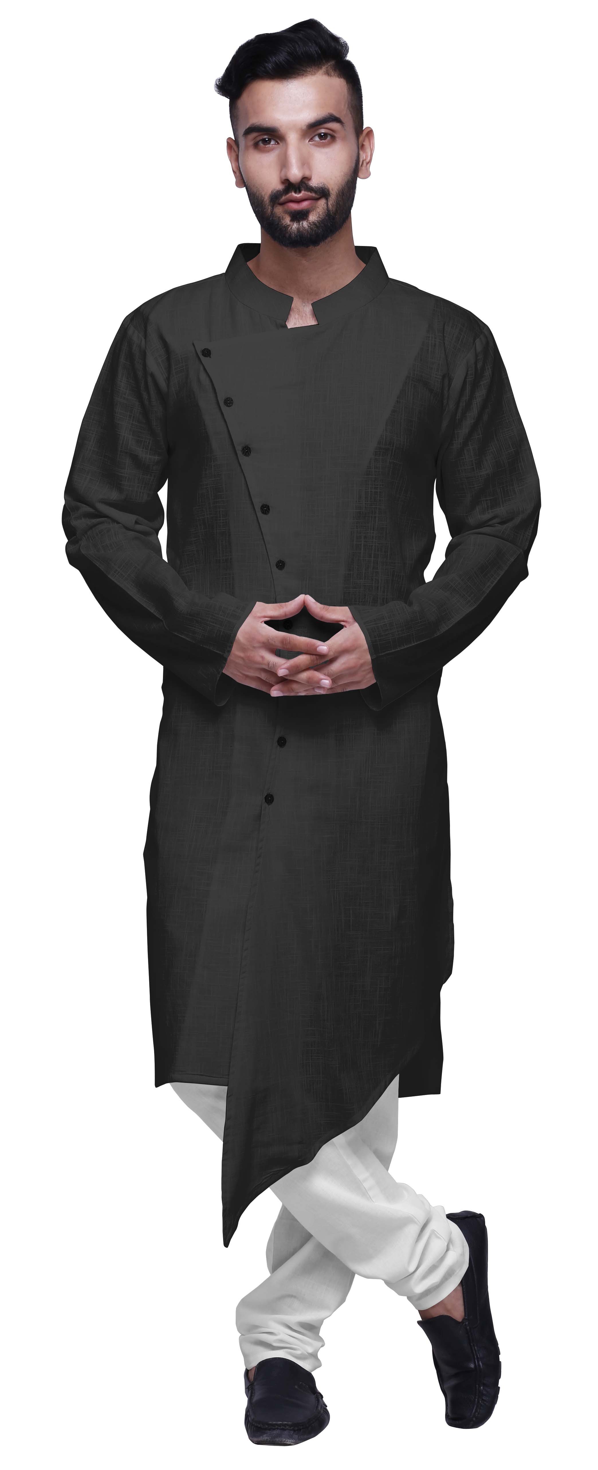 Atasi Kurta à Manches Longues Style Angrakha en Satin de Coton pour Hommes, Kurta Uni de Designer