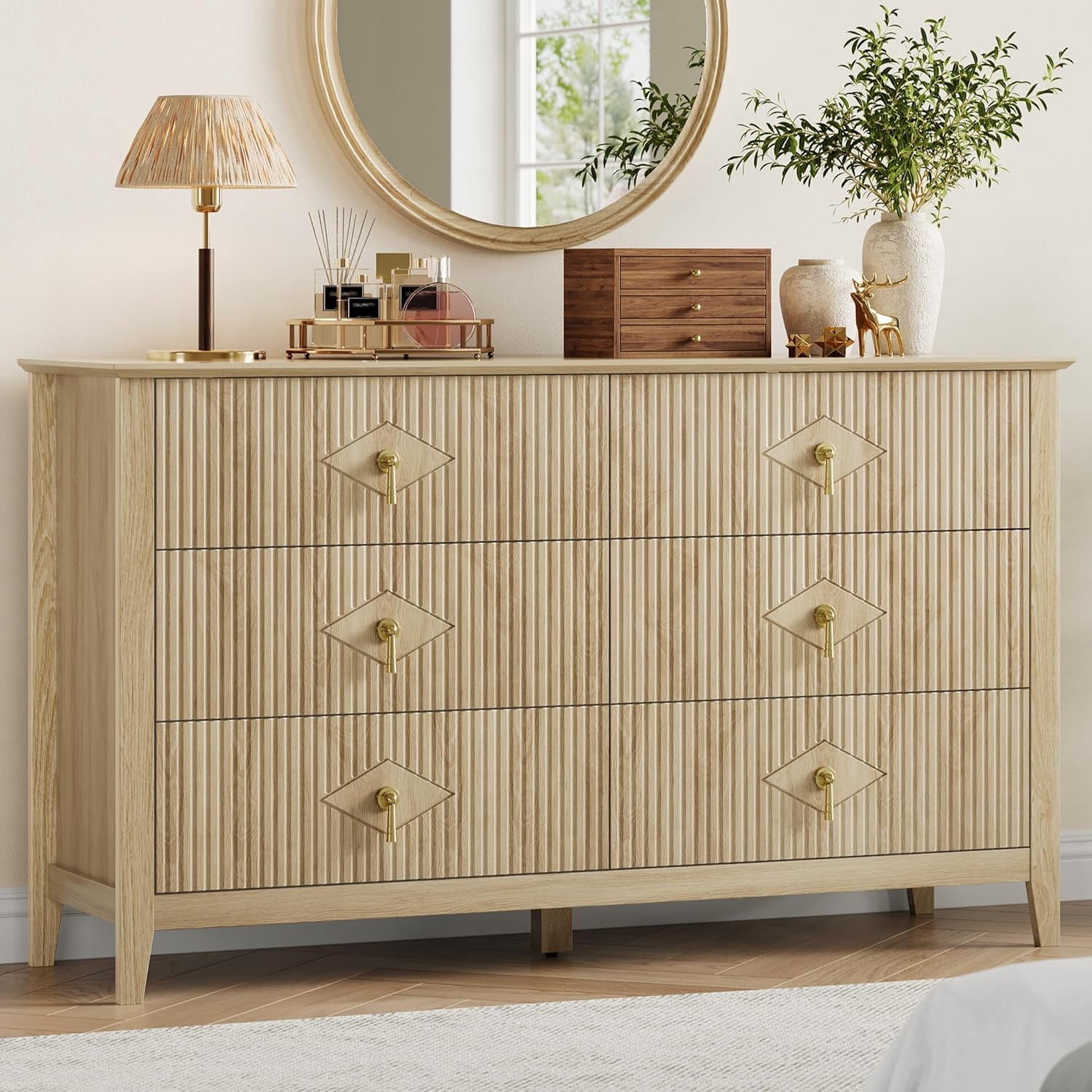 Fluted 6 Drawers Dresser for Bedroom, 54" Wide Modern Chest of Drawers with Metal Handle, Wooden Dresser Organizer for Bedroom, Living Room, Hallway, Entryway, Natural