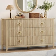 Fluted 6 Drawers Dresser for Bedroom, 54" Wide Modern Chest of Drawers with Metal Handle, Wooden Dresser Organizer for Bedroom, Living Room, Hallway, Entryway, Natural