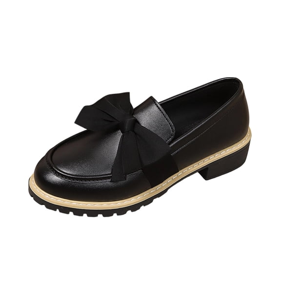 Black Shoes Women ,Women's All-Season Leather Loafers: Casual, Solid Color, Bow Design, Round Toe, Low Heel