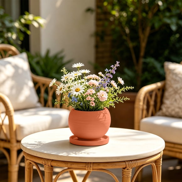 MMJ Ceramic Flower Pot Spherical Striped Vase with Tray Scandinavian Matte Desktop Planter 5.71x5.71x4.13in Dry Fresh Flower Green Foliage