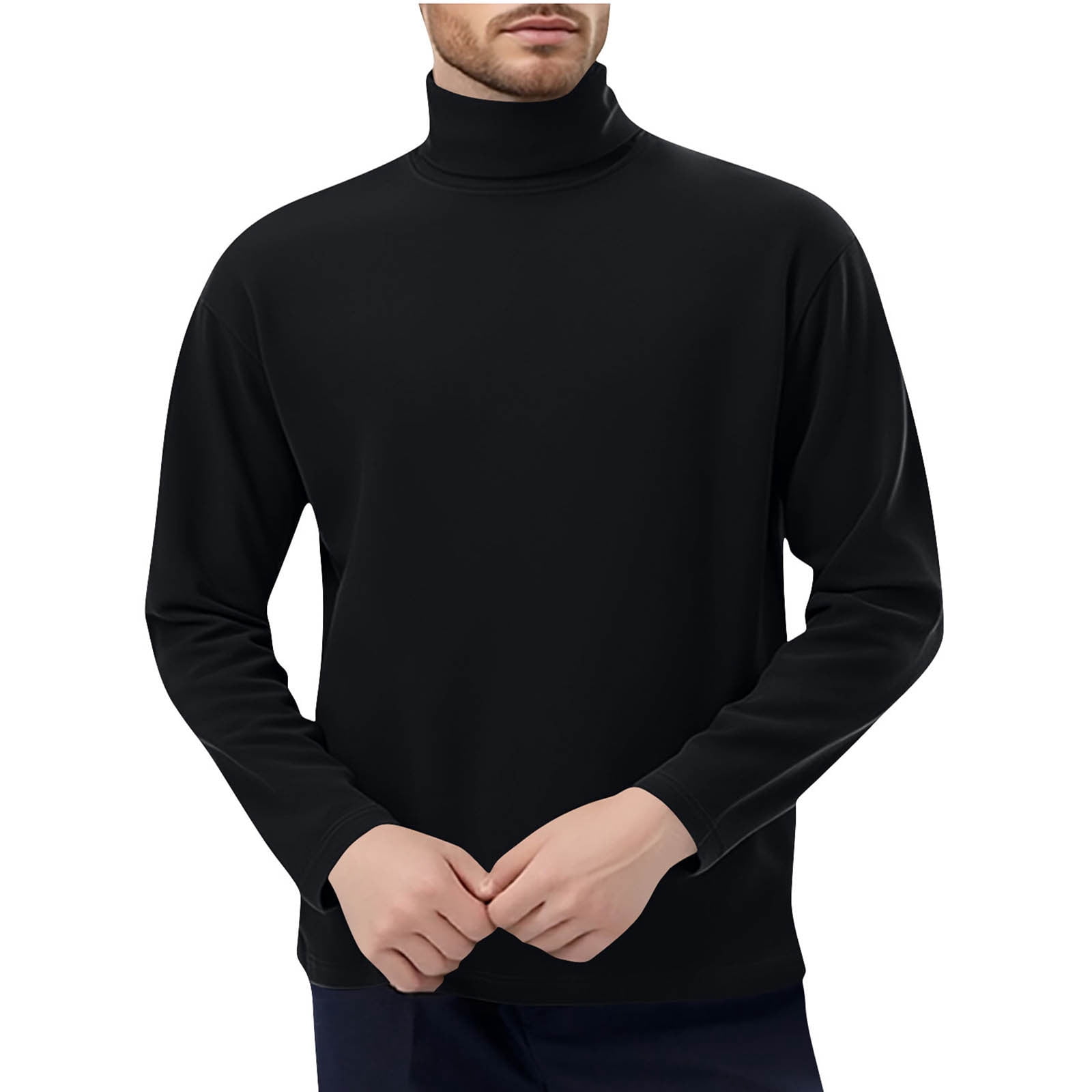 Plain Tshirts for Men Men's Winter Solid Color Medium High Neck Designlong Sleeved Round Neck Top Black L