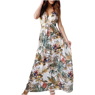 Pisexur Robes d'Été pour Femmes à Imprimé Floral Hawaïen, Robes Bohèmes, Mode, Col en V, Sans Manches, Dos Nu, Robe Soleil, Taille Ajustable, Tunique, Robes Maxi pour Femmes, Vintage, Fluide, Décontractée, Robe de Plage