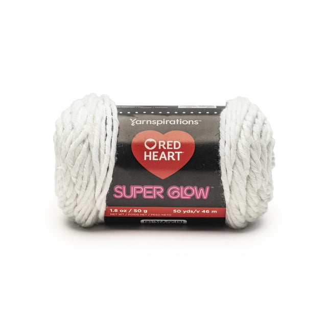 Red Heart® Super Glow™ #4 Worsted (Medium) polyester yarn in white, 1.8 oz (50 g) and 50 yards (46 m), featuring a twisted texture and black label with red heart logo and glowing pink text, suitable for crafting glowing accessories, amigurumi, and Halloween decorations.