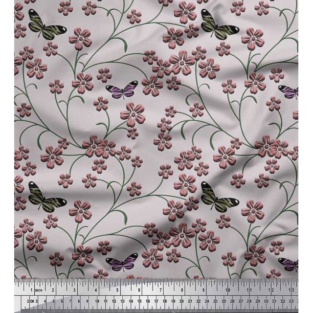 Soimoi Velvet Fabric Insect,Leaves & Flower Floral Print Fabric by Yard 58 Inch Wide