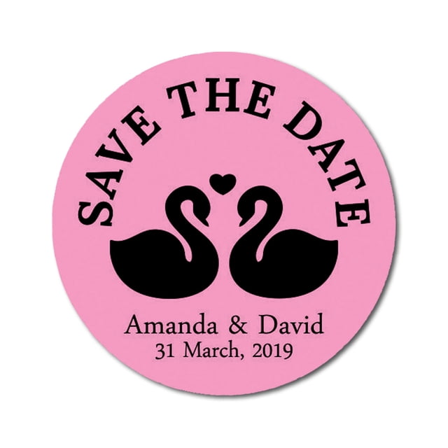 Darling Souvenir Round 45 Pcs Loving Swans Save The Date Stickers Personalized Bride Groom Names And Date Envelope Seals - Light Pink