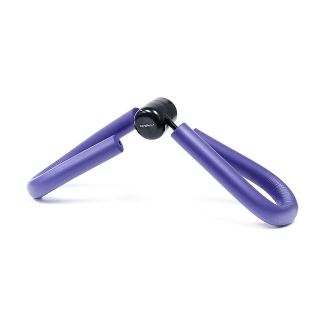 PurAthletics Thigh Toner - WTE10173 with purple foam-covered arms and black central hinge on white background, a versatile home fitness exerciser and pelvic floor trainer for resistance training targeting thighs, arms, glutes, and core muscles.