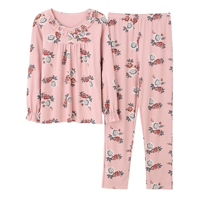 REDHOTYPE Pyjama Fantaisie à Fleurs pour Femme, Printemps Automne, Maman, Manches Longues, Coton, Col Rond, Automne pour Femme, Grande Taille, Tenue d'Intérieur