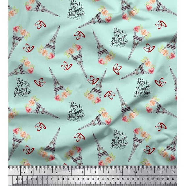 Soimoi Cotton Duck Fabric Text,Floral & Eiffel Tower Architectural Printed Fabric 1 Yard 56 Inch Wide