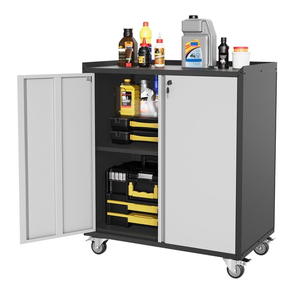 35" Metal Garage Storage Cabinet with Wheels – Lockable Steel Tool Chest, Adjustable Shelf & Handle, Rolling Organizer for Garage, Home, Office, Utility Room – Secure Storage for Tools & Files