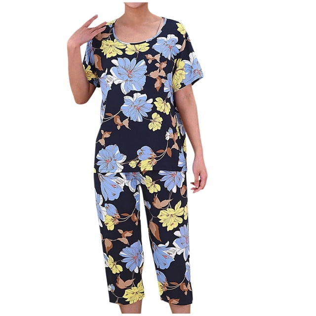 Pisexur Ensembles de Pyjama pour Femmes 2 Pcs Boho à Imprimé Floral Chemises de Nuit en Coton pour Femmes Décontractées Col Rond T-Shirts à Manches Courtes Hauts et Pantalons de Détente Longueur Genou Pyjamas Grande Taille pour Femmes Ensemble TG-4TG