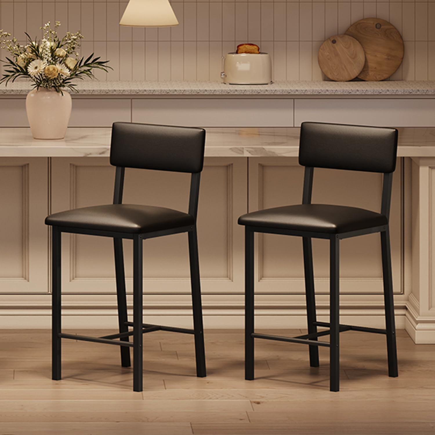 2Pcs Bar Stools, Kitchen Barstools with Thick Cushion, Counter Height Bar Stools with Backrest, for Dining Room Kitchen Island, Black