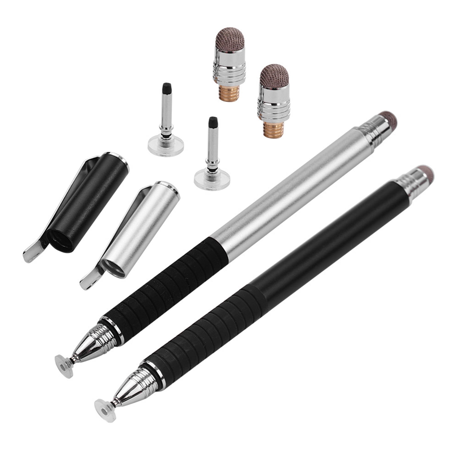 2-in-1 Precision Stylus with Clip, Conductive Tip, and Disc Tip, Universal Touchscreen Pen for All Capacitive Touchscreens, Phones, and Tablets, 2-Pack, Black and Silver