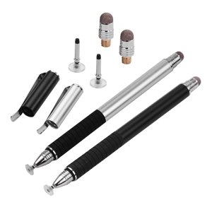 Tignapoo High-Quality 2-in-1 Stylo tactile Stylus avec pointe de tissu nanoconductrice & Coupe d'aspiration - Stylus métallique avec pince, Disponible en noir/argent, Comprend des conseils bonus (2 Disque + 2 Fibres)