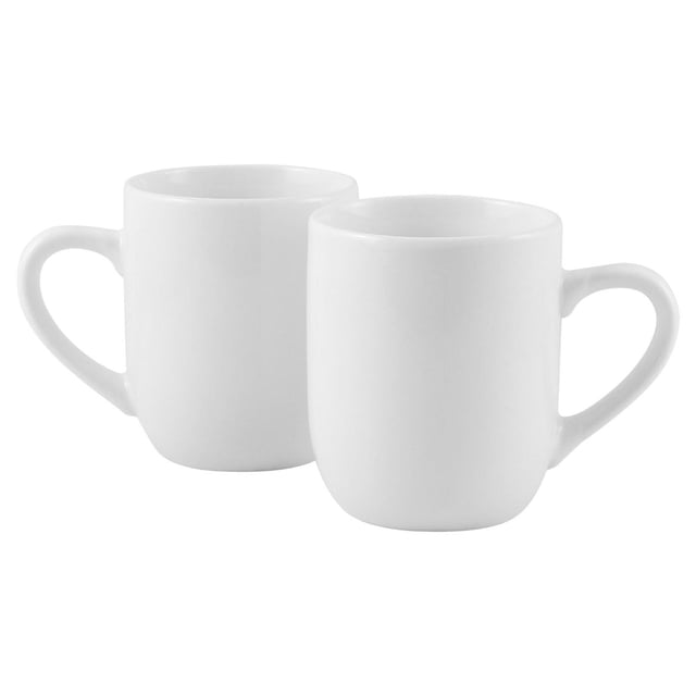 Mainstays Glazed White Stoneware 12 Ounces Mug set of two, smooth white glazed stoneware mugs with rounded bodies and curved handles, dishwasher and microwave safe, suitable for coffee, tea, or hot chocolate in a minimalist style.