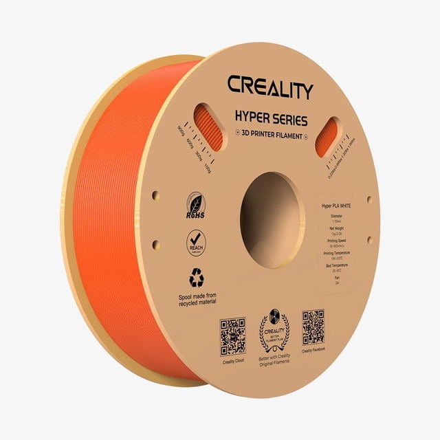 Creality HypeRPLA Filament d'Impression 3D Bobine de 1 kg en orange, avec Filament Enroulé Soigneusement sur une Moulinet beige Étiqueté avec le Diamètre, la Vitesse d'Impression, la Température et des Icônes Écoresponsables, compatible avec les Imprimantes 3D Creality et Idéal pour le Prototypage et la production de Masse.