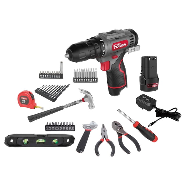 HYPER TOUGH Trousse de Projet 12 V MAX 50 Pcs Perceuse Sans Fil avec 18+1 Réglages de Couple, Gâchette à Vitesse variable, Lumière DEL Intégrée et Pince de Ceinture Intégrée en Gris et Noir avec accents Rouges. Comprend Batterie lithium-ion 1,5 Ah, Chargeur, Marteau Griffe, Ruban à Mesurer 12 Pi, Niveau Torpille Magnétique avec Trois Fioles, Pinces à Long Nez, Pinces à Joint Coulissant, Clé Réglable, Perceuse à Embout Magnétique, Embouts Tournevis Assortis 1 Po et 2 Po, et Embouts de Perceuse HSS,
