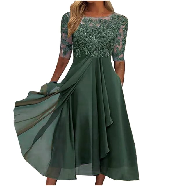WTXUE Robe Grande Taille, Robe Mi-Longue pour Femme en Broderie Dentelle Chiffon, Robe Simulée, Robe Verte, 1# Vert 3TG