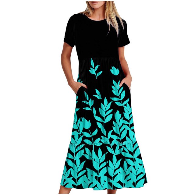 Dvkptbk Robes d'Été pour Femmes 2024 à Manches Courtes, Robes Midi Évasées, Robe T-Shirt Décontractée à Motif Floral, Robe de Plage Fluide avec Poches P-2TG