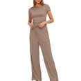 thumbnail image 4 of Birdeem Ensemble 2 Pcs Femme Mode Col Rond Uni Blouse à Manches Courtes + Pantalon Long Taille Élastique, 4 of 12