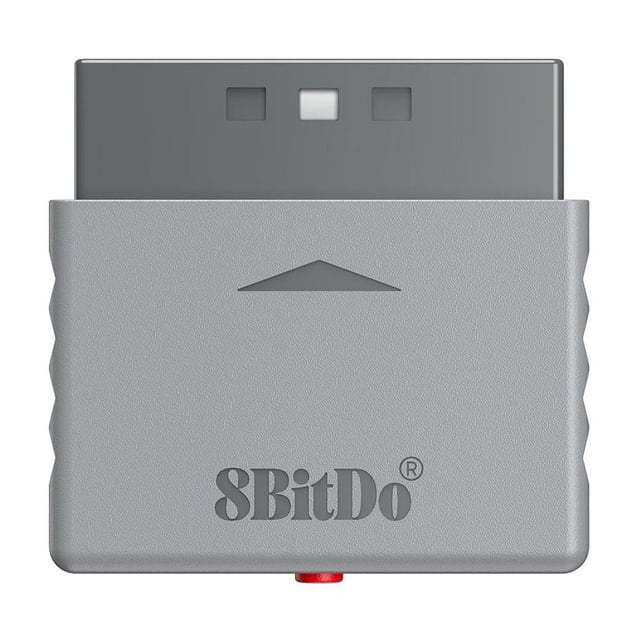 8BitDo Retro Receiver for PS1 & PS2 in grey, front-facing view showing the rectangular connector and textured plastic casing with the 8BitDo logo, compatible with Xbox Series X accessories and designed for wireless gaming with modern and classic controllers.