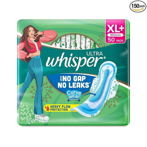 WHISPER ULTRA HYGIENE+COMFORT SANITARY PADS, 50 XL+ PADS, FOR HEAVY FLOW, LONG LASTING PROTECTION, LOCKS ODOUR & WETNESS, DRY TOP SHEET, DISPOSABLE WRAPPER