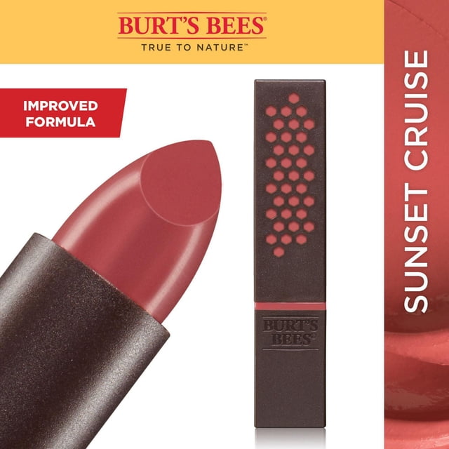 Burt’s Bees 100% Natural Moisturizing Lipstick in Sunset Cruise shade showing a close-up of the creamy, satin-finish lipstick bullet in muted rose and the dark brown rectangular tube with honeycomb pattern and Burt’s Bees logo, highlighting the improved formula and natural moisturizing benefits.