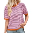 thumbnail image 1 of Fgnfyis un T-Shirt Tricoté à Manches Courtes et Col Rond avec un Design à Blocs de Couleur Rayés pour Femmes Hauts d'Été pour Femmes Violet P, 1 of 6