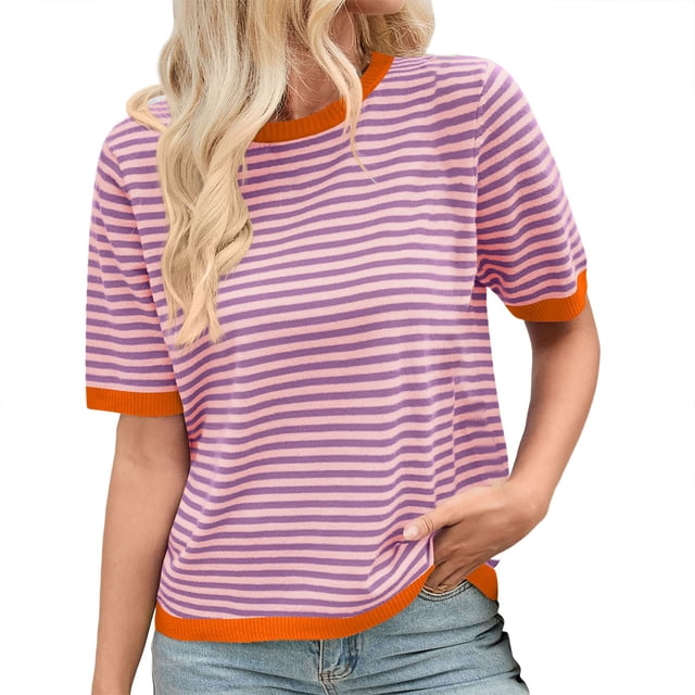 Fgnfyis un T-Shirt Tricoté à Manches Courtes et Col Rond avec un Design à Blocs de Couleur Rayés pour Femmes Hauts d'Été pour Femmes Violet P