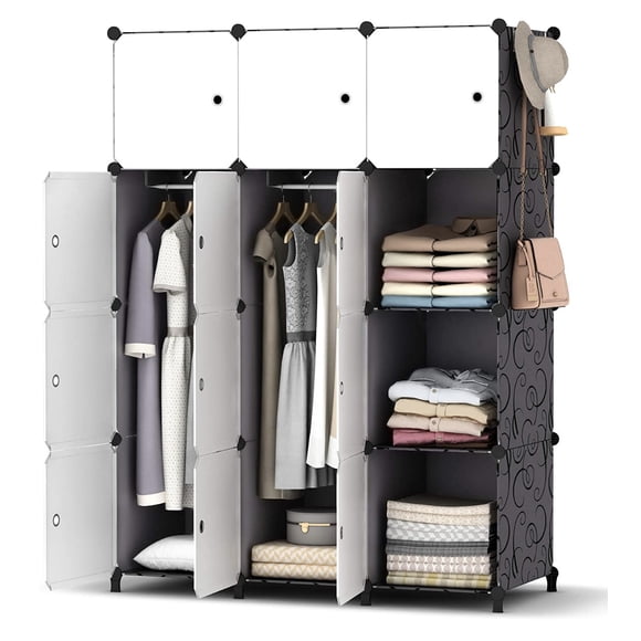 AGASY Wardrobe 111 x 47 x 147 cm (W xDx H) Clothes Organizer (Black and White) (Black and White, 12 Cubes)