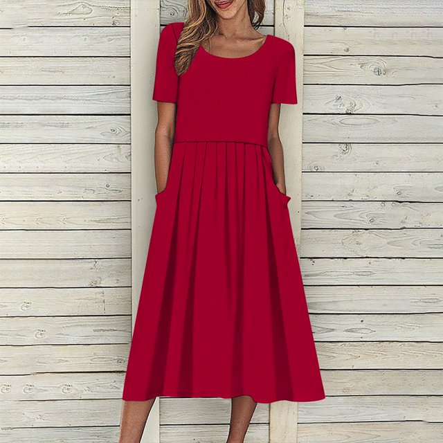 Robes d'Été pour Femmes 2025 Zeophrasy Robe de Vacances Décontractée pour Femmes, Fête, Quotidien, Plissée, Col Rond, Unie, Manches Courtes, avec Poche, Liquidation à Moins de 5