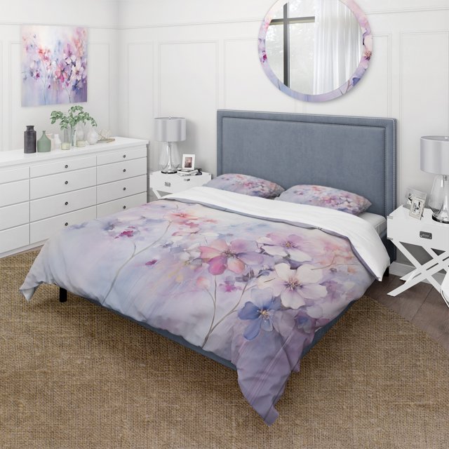 Designart "Purple Dreamy Flowers I" Abstract Botanicals Bedding Covert Set - Modern Purple Abstract Bed Set With 1 Sham