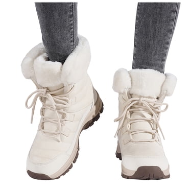 Pandaie Women's Winter Snow Boots Waterproof Lace up Fuzzy Mid Calf Boot Ladies Non Slip Combat Short Booties White 8.5