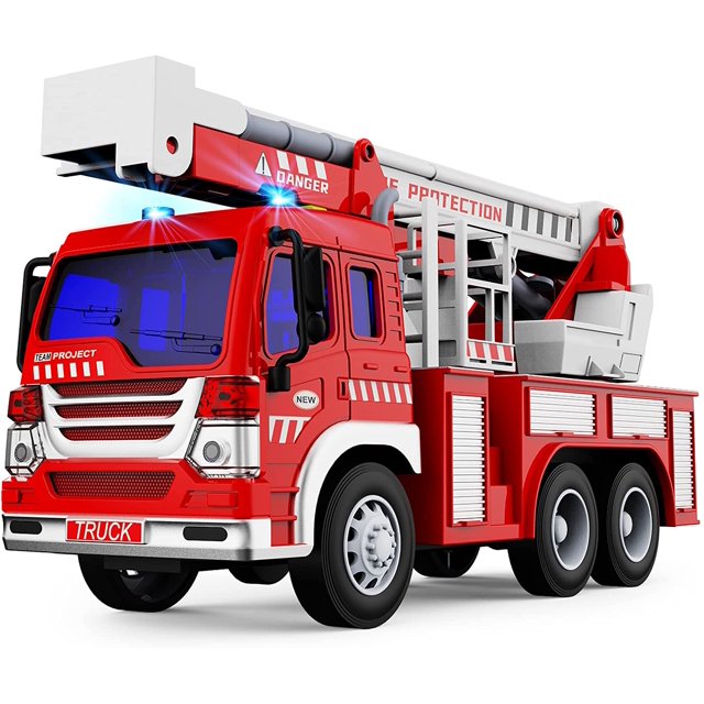 Fire Engine Toy, a red plastic fire truck toy made of ABS material, featuring a detailed design with a ladder lift, flashing lights, and simulated rescue sounds. Suitable for children aged 3 and above, measuring 27cm in length, 8.5cm in width, and 14.5cm in height. Packaged in a window box.