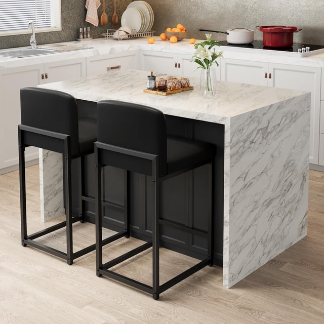 BeesClover Bar Stools Set of 2, Modern Counter Height Bar Stools with Back and Footrest, Faux Leather Upholstered Barstools Chairs for Kitchen Island Dining Room Bar