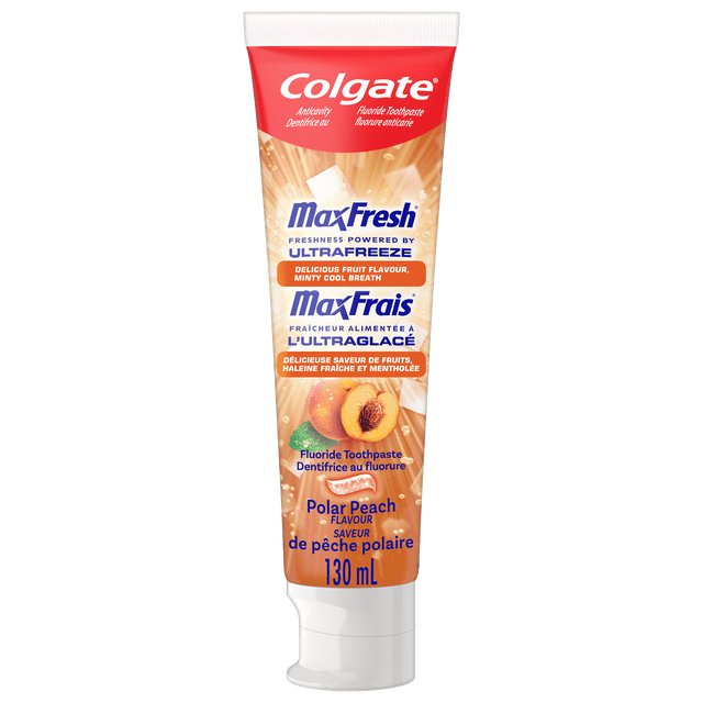 Colgate MaxFresh Anticavity Fluoride Toothpaste Polar Peach 130 mL tube with mint, featuring a red and peach gradient design with peach fruit images, highlighting Ultrafreeze freshness, fruit-flavoured freshness, and cavity protection for fresh breath toothpaste.