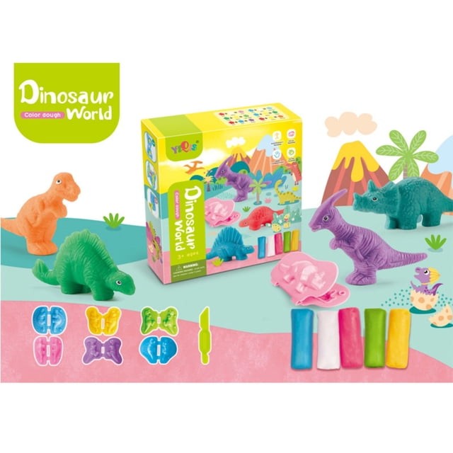 Multicolor Color Dough Toys Dinosaur World Dough Set Creation Tools for kids, featuring vibrant dough sticks, dinosaur molds, and tools for creative play. Includes a colorful box with dinosaur-themed illustrations and various animal figures. Suitable for ages 3 and up.