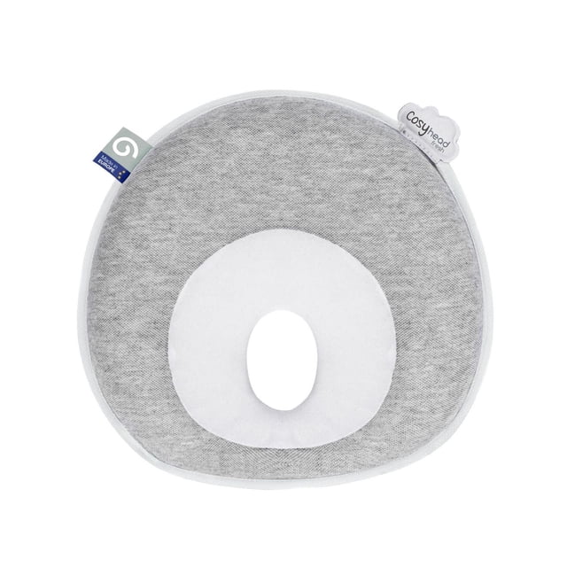Babymoov Cosyhead Grey Infant Head Support with ergonomic padded incline and wider headrest, made from breathable organic Coolmax antibacterial fabric, featuring non-slip backing for secure use in strollers, bouncers, and car seats, suitable for newborns up to 4 months.